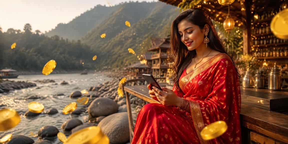 সিলেটে শাড়ি পরিহিত একজন নারী মোবাইলে ক্যাসিনো গেম উপভোগ করছেন